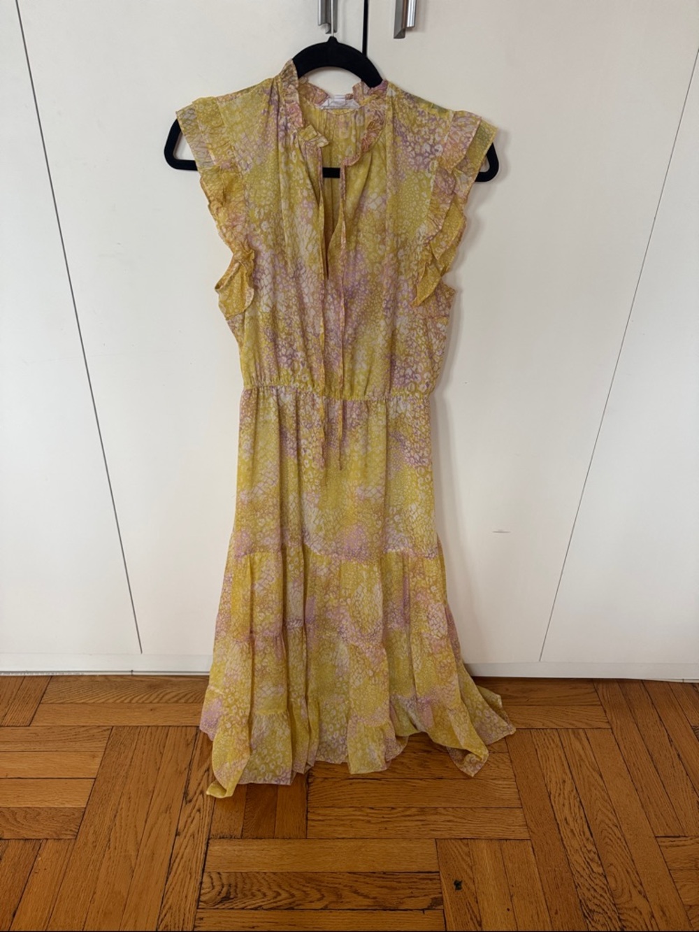 BB Dakota by Steve Madden Yellow and Lavender Floral Ruffle Midi Dress